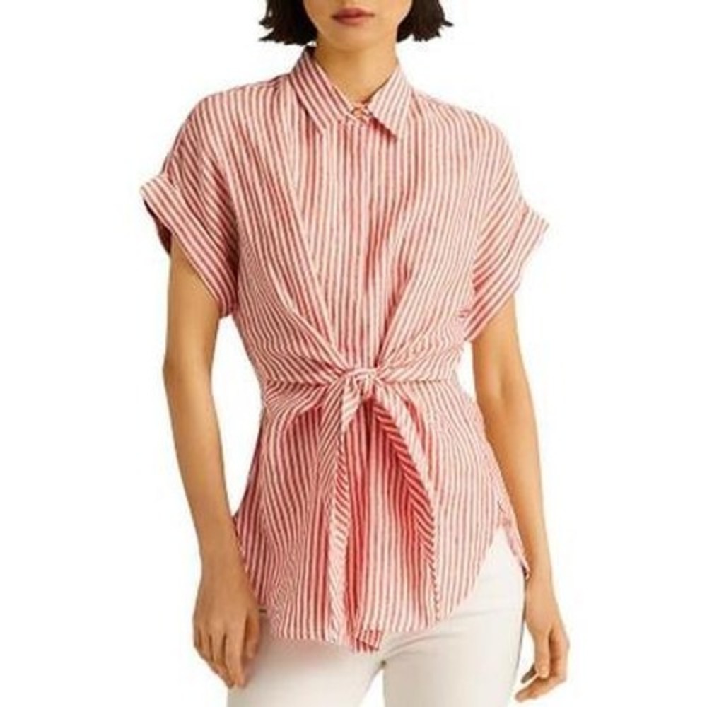Lauren Ralph Lauren Linen Tie Front Shirt Red White Striped Short Sleeve Size L